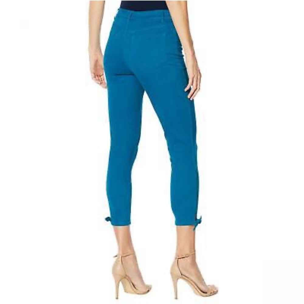 NWOT Motto Vintage Y2K Cropped Pants with Bow-Tie Hem in Teal Stretch Microfiber